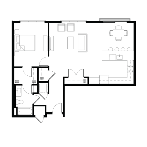 Floor plan for 1 bed, 1 bath, 975 sqft